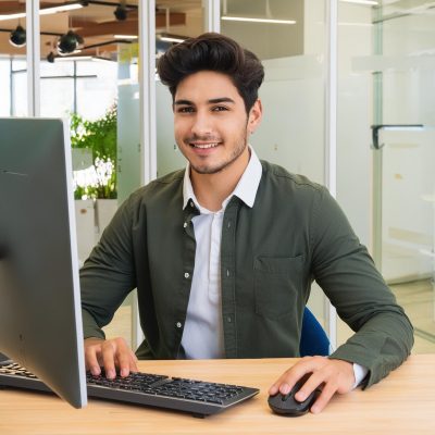 Firefly foto realista de hombre joven moreno delgado sonriendo de cuerpo completo sentado en un escr Firefly foto realista de hombre joven moreno delgado sonriendo de cuerpo completo sentado en un escr
