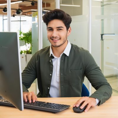 Firefly foto realista de hombre joven moreno delgado sonriendo de cuerpo completo sentado en un escr